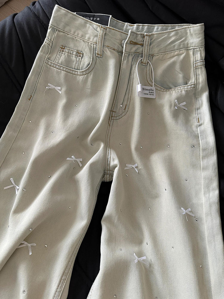 Three Dimensional Bow Design With Hot Diamonds, High Waist And Slim Light Blue Jeans, Washed Straight And Casual Mopping Trousers_ecoleips.com