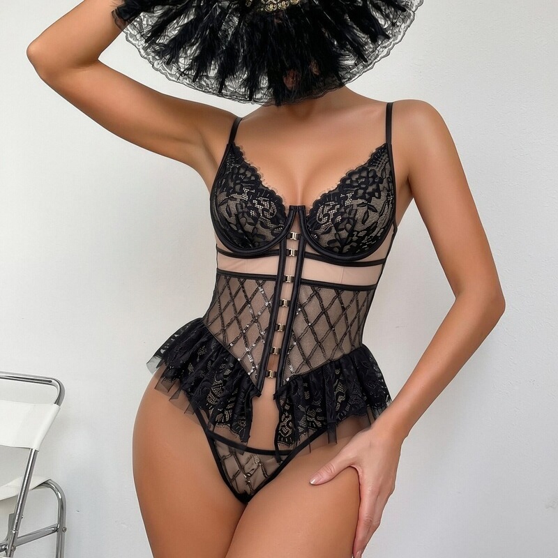 Cross-border best-selling sequin eyelash lace mesh bodysuit, high-quality sheer lingerie for a sexy and alluring look, perfect for nightclubs