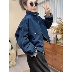 欧货格子拼接立领棒球服外套女2025秋季新款小个子设计感短款风衣