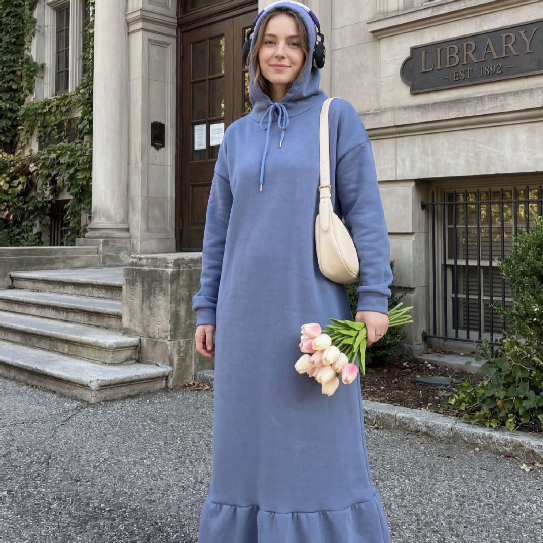 Women's Long Knitted Hoodie Dress - Slim Fit Tunic For Fall Winter, Casual Stretch Maxi Dress With Front Pockets_ecoleips.com