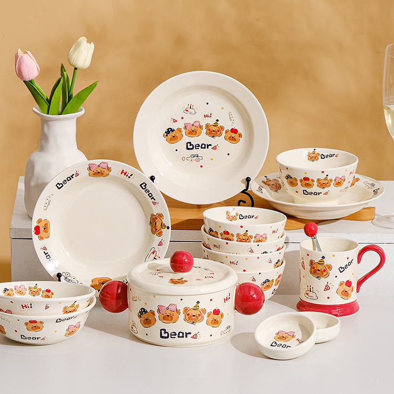 Ceramic Tableware suit Household Dish Rice Bowl Cartoon Plate Soup Bowl with Lid Noodle Bowl Water Cup Women's High Color Value Gift