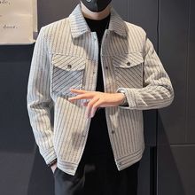 短款痞帅夹克修身个性翻领秋冬呢子休闲潮流外套感高级条纹男2023