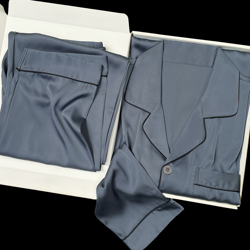 Ice Silk Pajamas Men's Long-Sleeved Spring and Autum Thin Satin Imitation Silk Gray Blue Ice Silk Middle-Aged and Elderly Home Clothes
