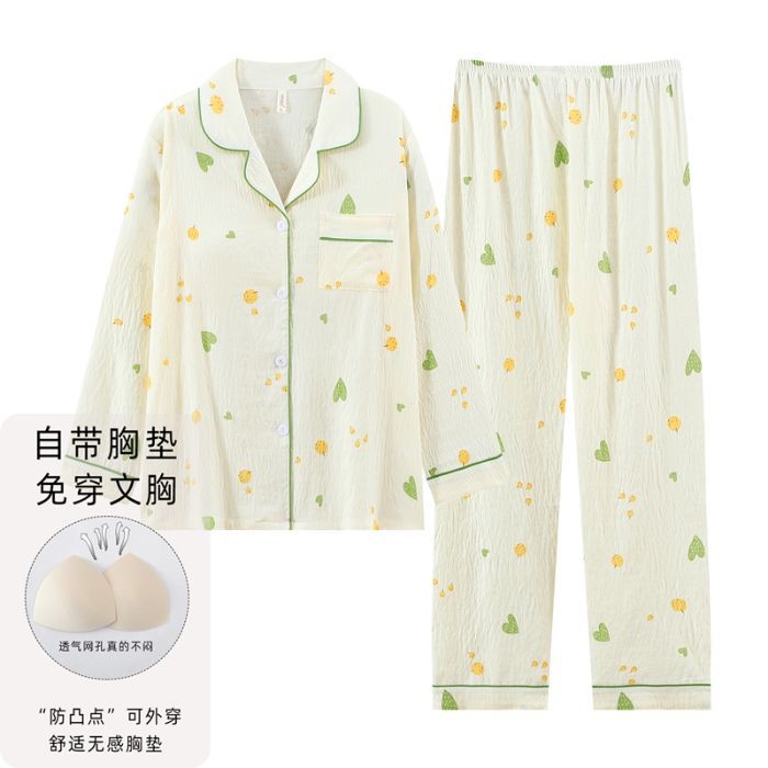 Nube de algodón pijama de primavera y otoño dulce dibujos animados con cojín de pecho cardigan de manga larga pantalones largos dos piezas de ropa de hogar