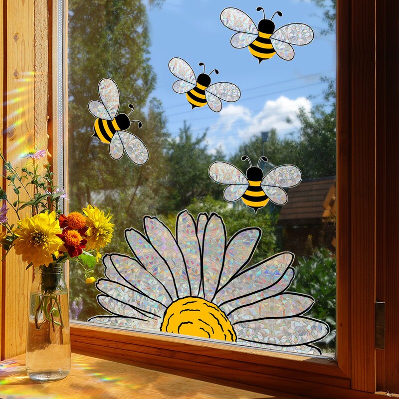 Xc6005 Sunflower Bee Window Sticker Sunlight Colorful Electrostatic Sticker Glass Sticker Home Decoration Decal