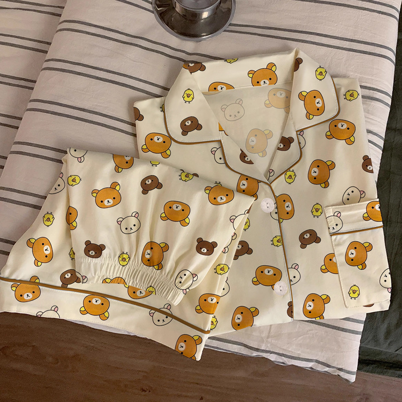 可爱轻松熊夏季薄款女士休闲短袖睡衣两件套满印网红感家居服批发