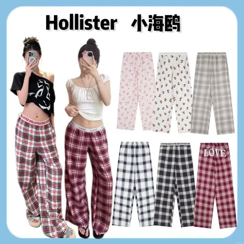 Korean Hollister Small Seagull Plaid Pants with Dog Print Casual Pants Slimming Tape Sleep Pants for Women in Stock