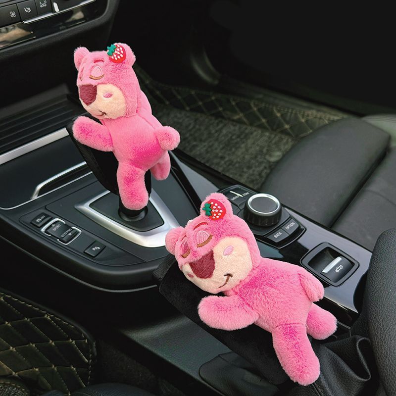 Car gear shift cover for women, trendy and cute strawberry bear plush toy, car gear shift cover, protective cover for automatic transmission, handbrake cover