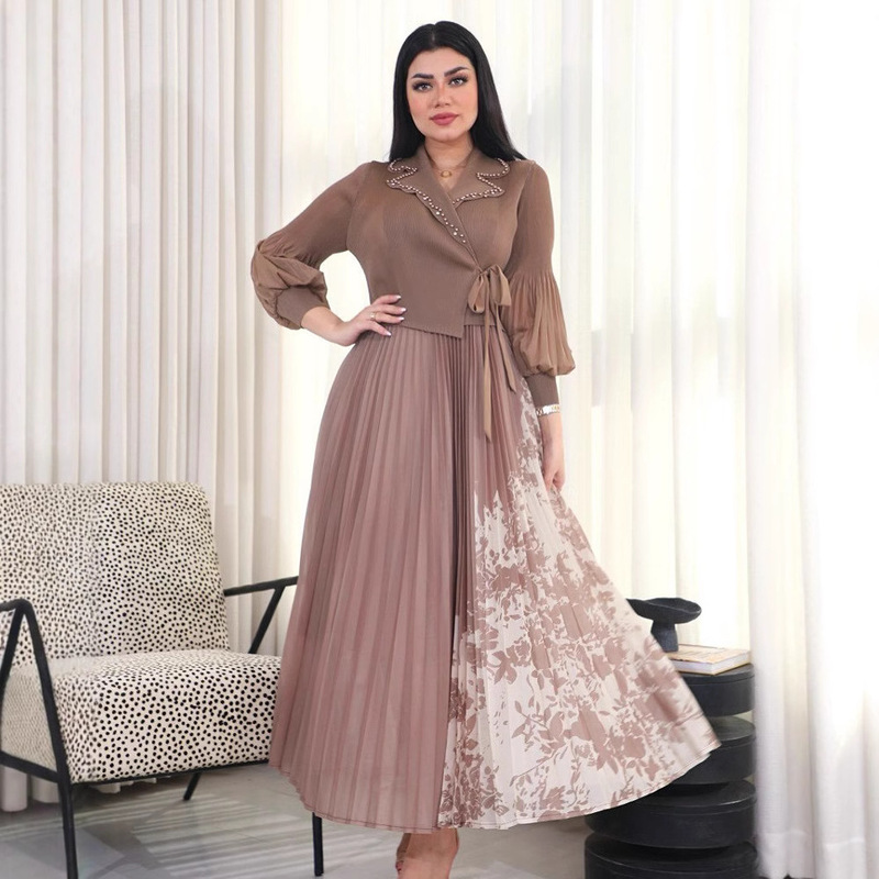 plus size Women's 100.00kg Fake Two-piece Issey Miyake Pleated Printed dress Spring and Autumn High-end Pleated Skirt