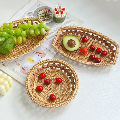 Vietnamese-inspired small snack basket, rattan woven fruit bowl, European-style box, minimalist basket, woven basket tray, bread storage basket