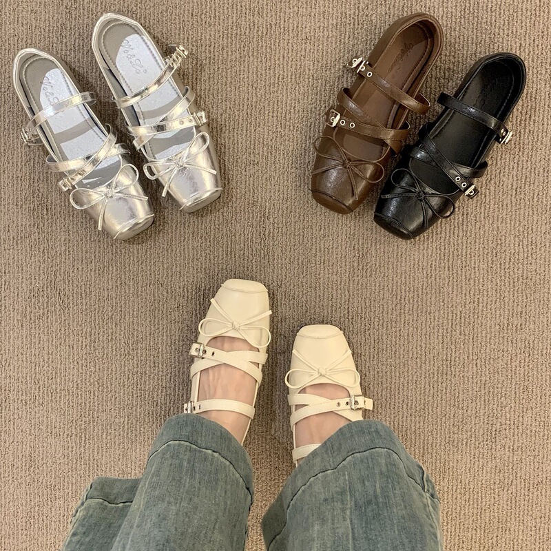 Soft Sole Version ~ Silver Square Toe Mary Jane Shoes for Women 2025 New French Style Ballet Versatile Small Leather Shoes Soft Sole Version ~ Silver Square Toe Mary Jane Shoes for Women 2025 New French Style Ballet Versatile Small Leather Shoes
