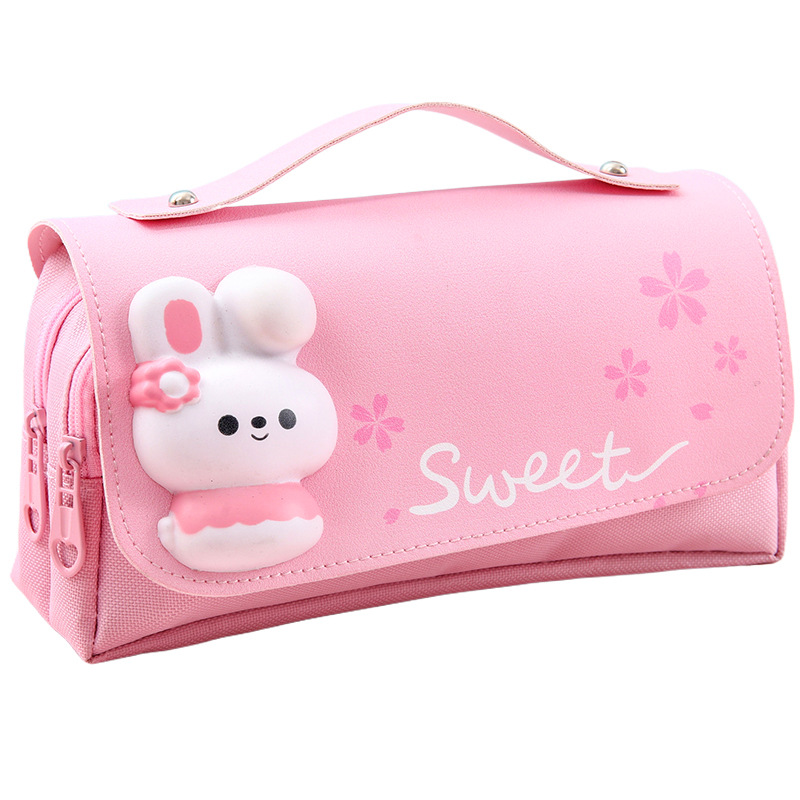 Descompresión lienzo lápiz caso flor de cerezo conejo lápiz caso Escuela Primaria chica corazón lápiz caso tres capas lienzo fresco papelería bolsa