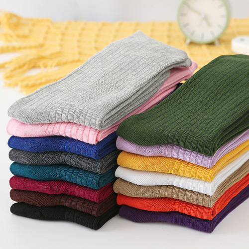 Autumn and winter women's solid color cotton socks Japanese retro pile socks full vertical pattern mid-length trendy socks wholesale