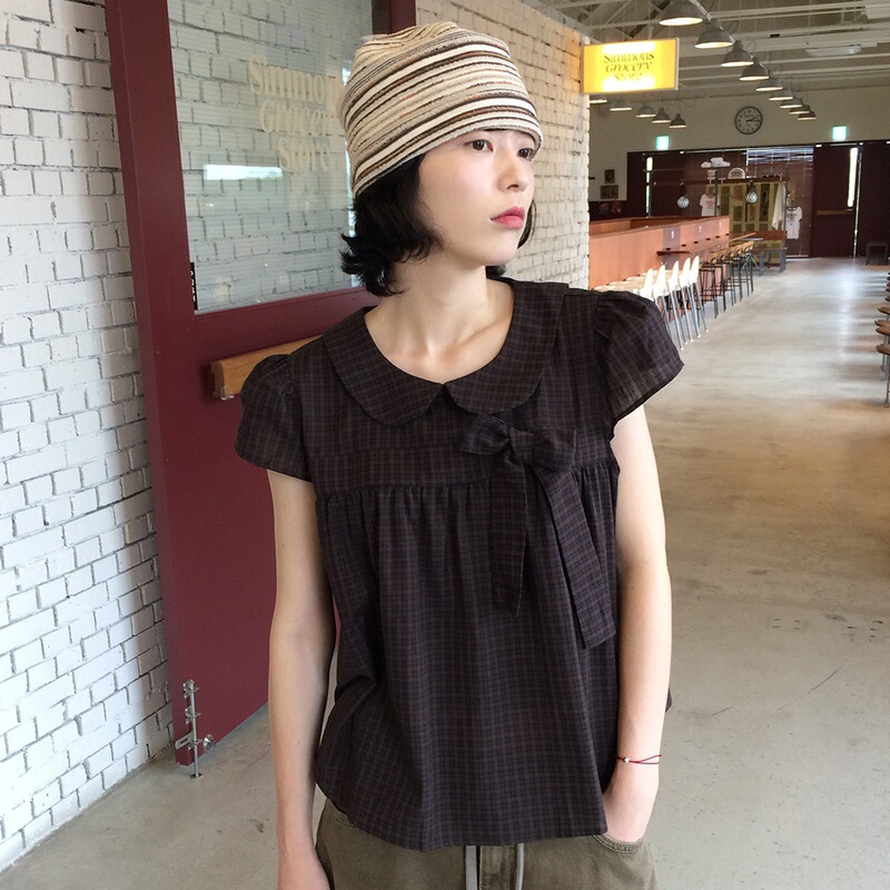 Korean Girly Vintage Slim-Fit High-End Doll Collar Design Plaid Bow Shirt Short-Sleeve Top