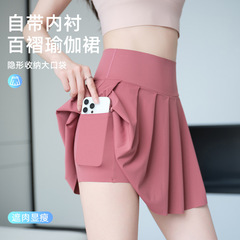 女性用ポケットプリーツスカート、露出防止テニススカート、アウトドアスポーツショートスカート、薄手の大きいサイズのタイトヨガスカートパンツ
