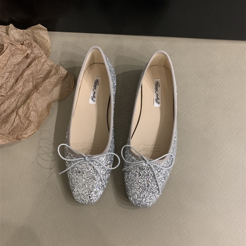 2024 Primavera Autunno Nuovo stile scintillante suola piatta singola per scarpe da ballo per balletto con bocca bassa e fiocco da donna_voghion.com