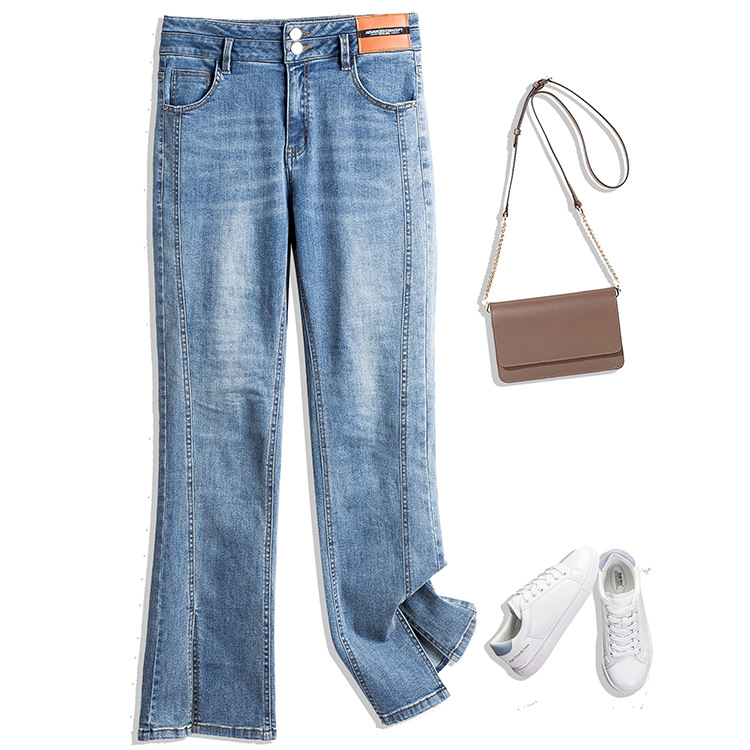 个性开叉牛仔裤女秋2022年新款春秋高腰显瘦阔腿微喇叭裤子潮