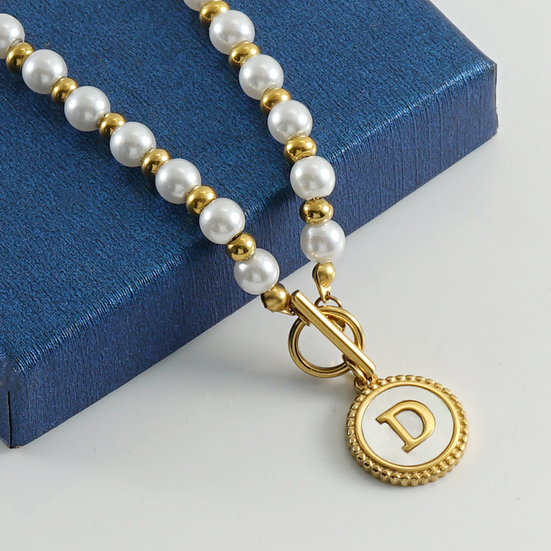 Beaded Chain Chain Type 1 Piece Quantity Simple Style Round Letter Imitation Pearl Titanium Steel Inlaid Shell Pendant Necklace 1 Piece
