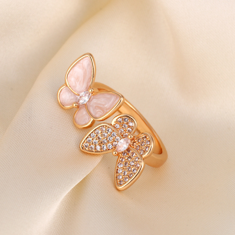 Exquisitely Crafted White Mother-Of-Pearl Double Butterfly Ring for Women, Light Luxury, Fashionable, Elegant, High-End Feel, Full Diamond Open Ring with Zircon