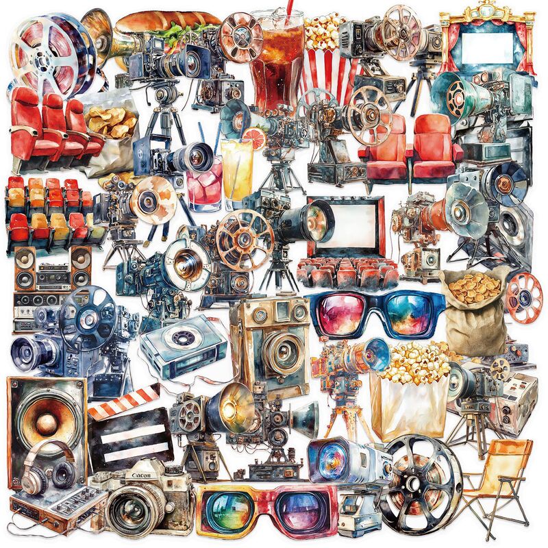 50 Cartoon Retro Movie Projector Stickers, Waterproof Pet Material for Decorating Journals, Guitars, and Notebooks