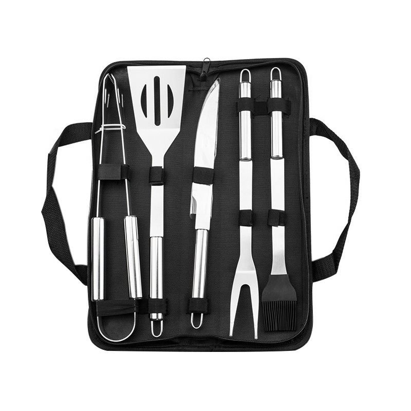 Set de cinco piezas de herramientas de parrilla de acero inoxidable set de alimentos de parrilla cuchillo y tenedor de barredura de aceite camping al aire libre