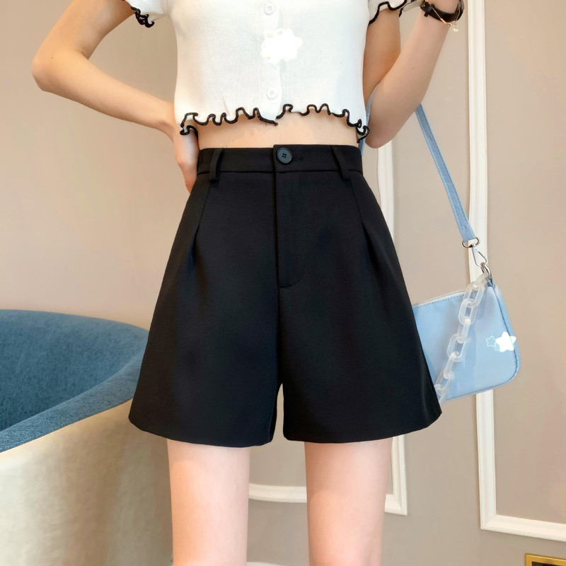 Shorts women's autumn 2023 new high waist slimming Korean style A- line wide leg black suit shorts plus size shorts