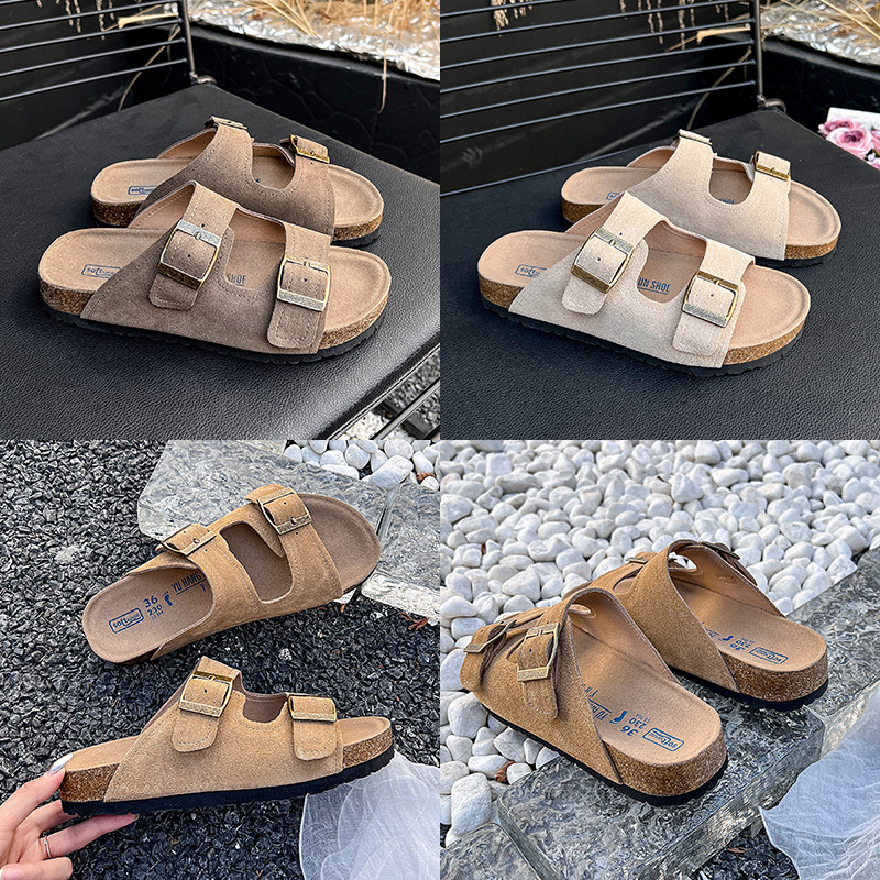 Cuero genuino corcho Boken zapatos de mujer vaca gamuza 2024 primavera y verano Internet celebridad casual antideslizante pareja zapatillas de playa planas
