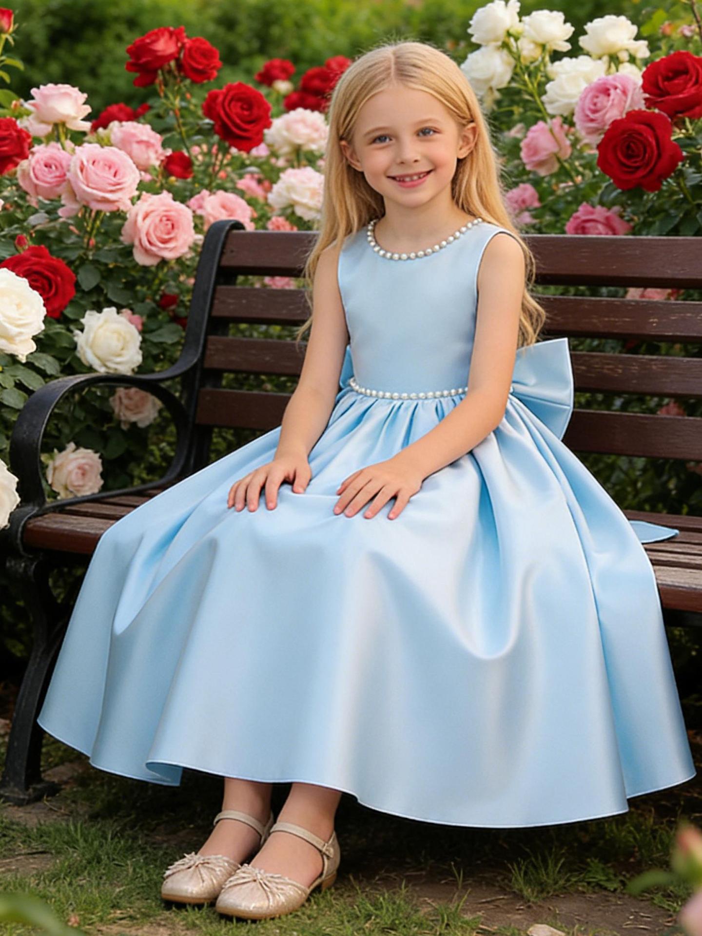 Nuevo vestido de niñas de niños grandes detrás de cuellos de clavos de arco en V falda de princesa Pong para niños desfile vestido de boda