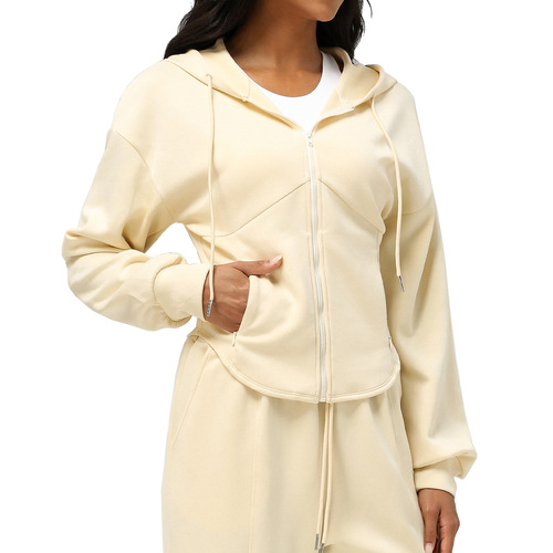 Autumn/Winter New Sports Windbreaker Zipper Hooded Casual Open Knit Sweatshirt with Pockets Loose Yoga Top for Women