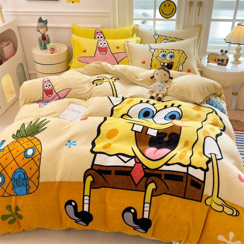 Cartoon Style Spongebob Class a Winter Milk Velvet Student Dormitory Bed Bed Sheetss Three-Piece Set Kidsren's Quilt Cover Four-Piece Set