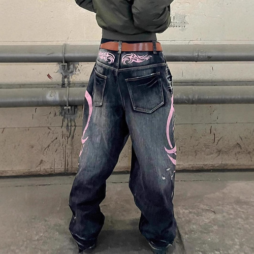 Euro-American Cross-border American Retro Print Denim Straight Leg Pants Street Loose Floor-Length Pants Unisex Pants Trendy