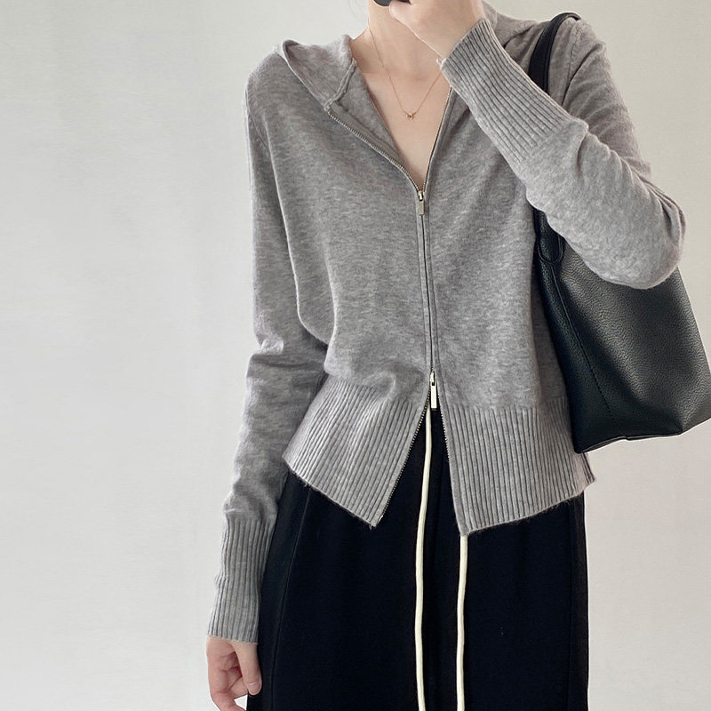Double-zipper hooded knit cardigan for women, spring 2025 new style, inner layer hoodie, gray sweatshirt Double-zipper hooded knit cardigan for women, spring 2025 new style, inner layer hoodie, gray sweatshirt