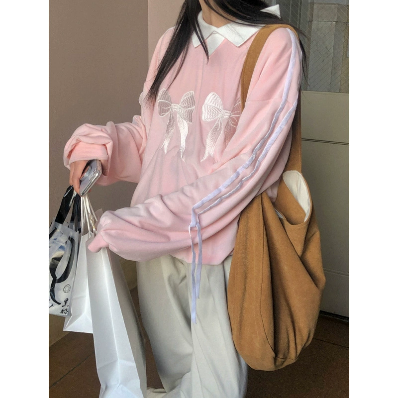 Brand cute velvet belt with bow, thin sweatshirt, with embroidery