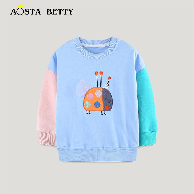 2026 Autumn Knitted Cotton Girls' Sweatshirt, European and American Style, Color Block, Cartoon Embroidery, Round Neck, Children's Pullover