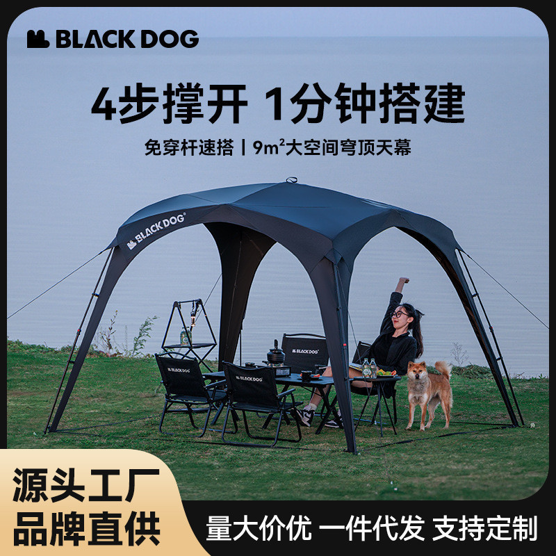ブラックドッグ黒犬が天幕を開けて屋外でキャンプします。|undefined