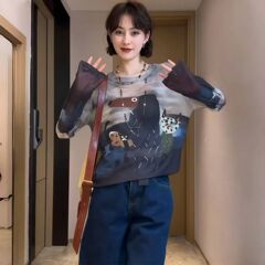网纱薄款微透设计感涂鸦防晒长袖t恤女夏季新款上衣罩衫