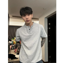 美式亨利领短袖男款夏季修身浅灰色正肩t恤cleanfit华夫格打底衫