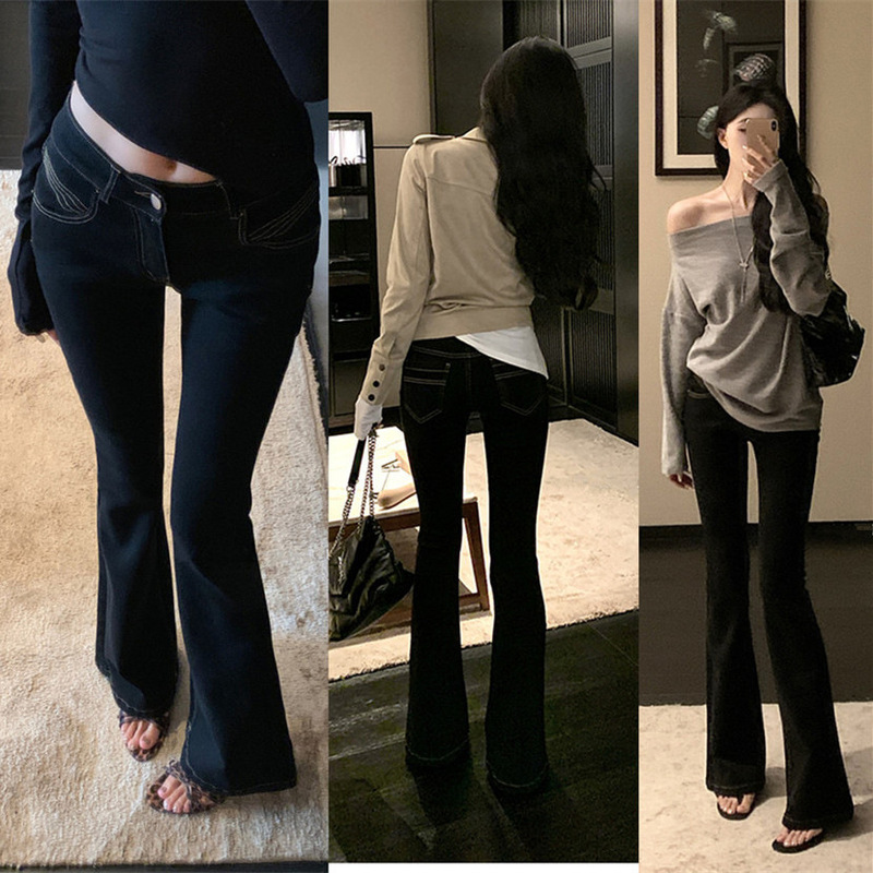 Long Legs Super Model Low Waist Slim Fit Denim Trousers Women's Spring New Black Overline Tight Slim Fit Micro Horn Pants