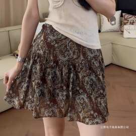 2026春夏季法式茶歇复古印花高腰雪纺半身裙设计感小众碎花短裙女