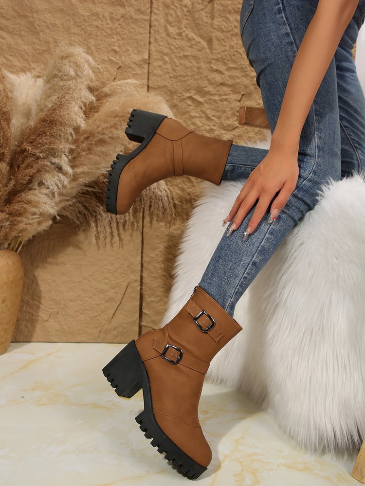 Big size thick heel boots women's autumn and winter fashion belt buckle explosive short boots cotton boots fashion boots_voghion.com