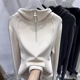 超大码300斤欧货纯色半拉链磨毛加厚连帽卫衣女德绒打底上衣帽衫