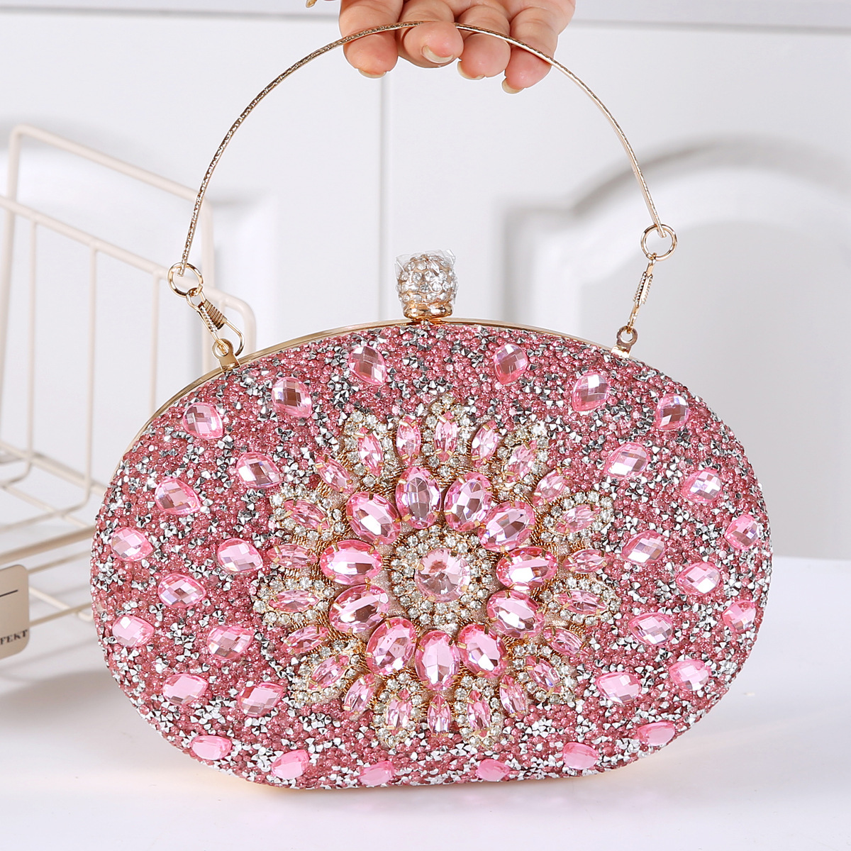 337g Weight Polyester Lining Material Lock clasp Closure Type Top Handle Strap Type Evening Bag Bags Type Party Occasion Pu Leather Material Printing Pattern All Seasons Season Women's Gender Diamond Design Elegant Style Oval Shape Small Size Pu Leather Printing Oval Evening Bags 28