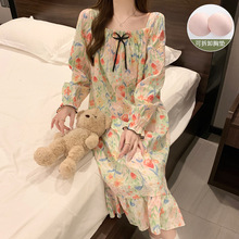 带胸垫长袖睡裙女款中长款春秋季甜美风可外穿睡衣家居服一件代发