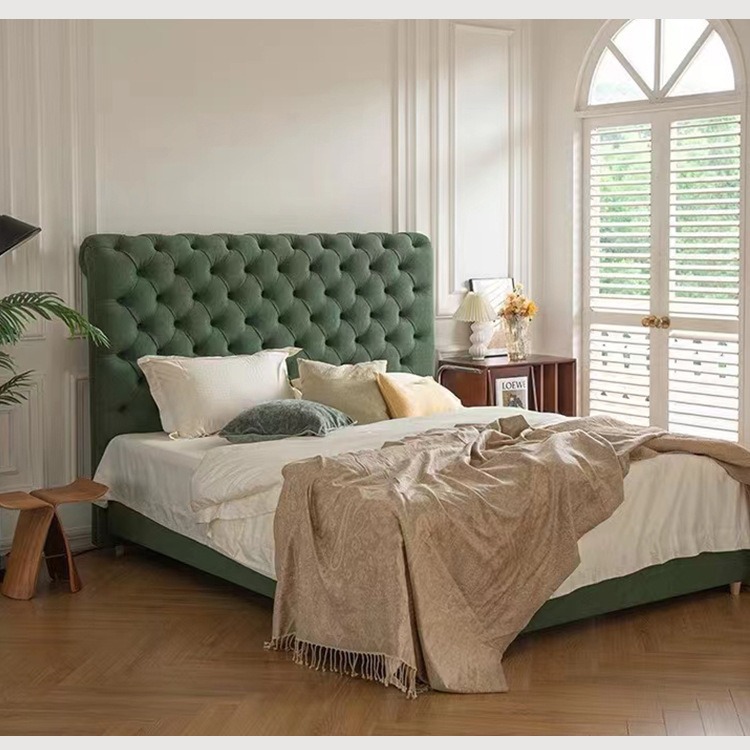 法式实木卧室布艺双人床墨绿色拉扣高背床主卧婚床1.5 1.8公主床