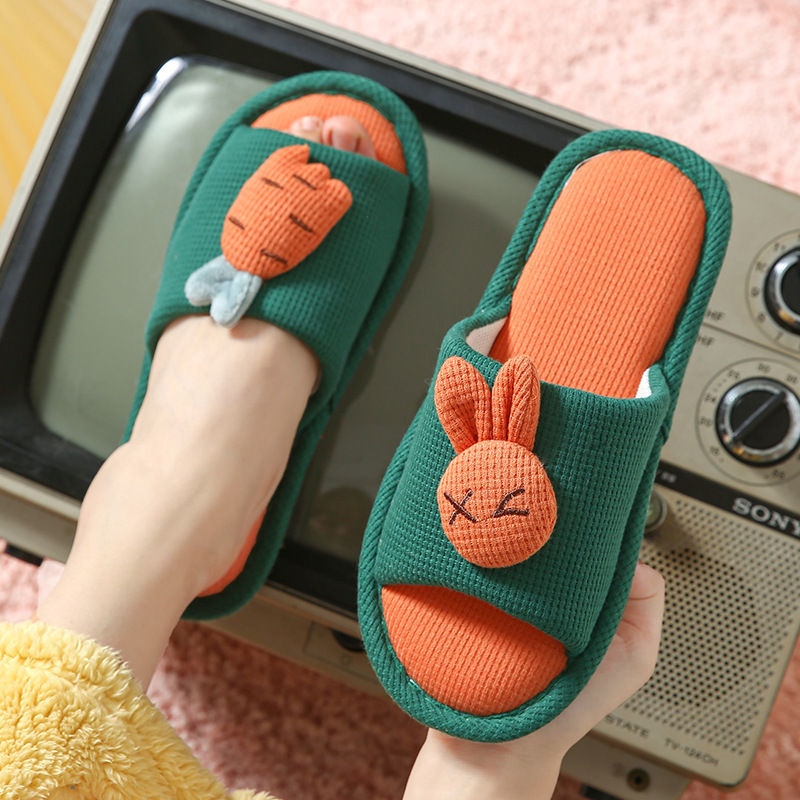 Zapatillas de lino entre padres e hijos dibujos animados abiertos Zanahoria Conejo personalidad hogar interior antideslizante piso pareja zapatos hombres y mujeres