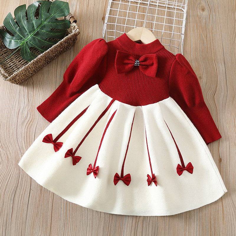 Girls' Sweater Dress Children's Clothing Sweater Knit 2022 Autumn and Winter New Style Bow Tie Small Fragrance Style Sweet Princess Dress