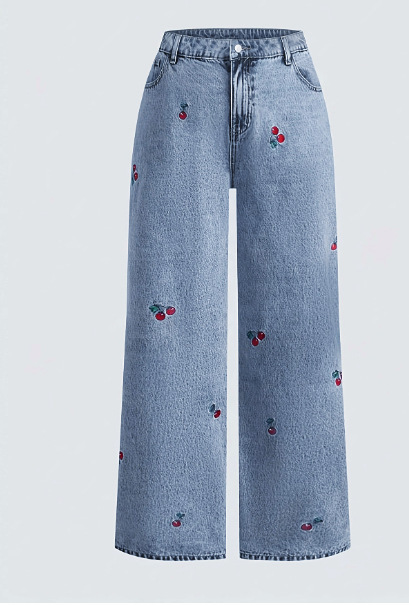 Vintage Washed Slimming Stretch Jeans For Women Smoky Gray Distressed Red Cherry Blossom Embroidered American Style_ecoleips.com