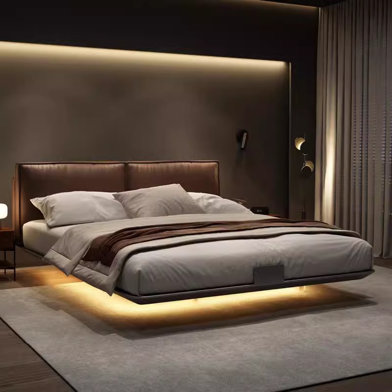 Modern Minimalist Italian-Style Light Luxury Genuine Leather Bed Luxury Master Bedroom Large Bed Internet-Famous Tofu Block Steel Frame Floating Bed 1.8m