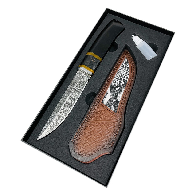 Sombra patrón de plumas pequeño cuchillo recto de alta dureza de acero de Damasco acampar al aire libre autodefensa cuchillo de supervivencia cuchillo de colección