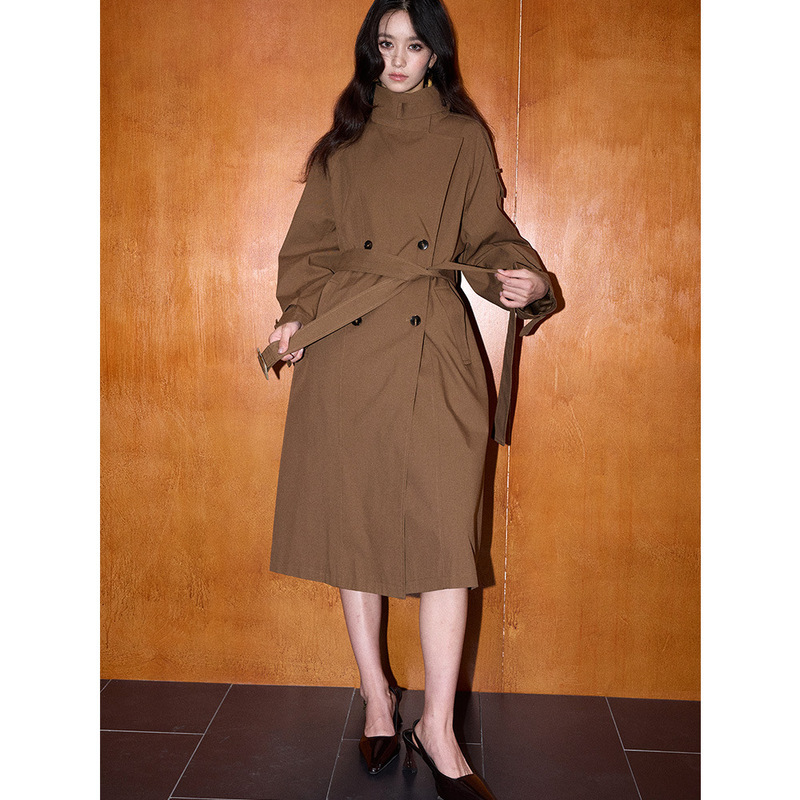 【Shengdu】26 Autumn New British Retro Style Coffee Color Stand Collar Double-Breasted Old Money Style Casual Elegant Long Trench Coat